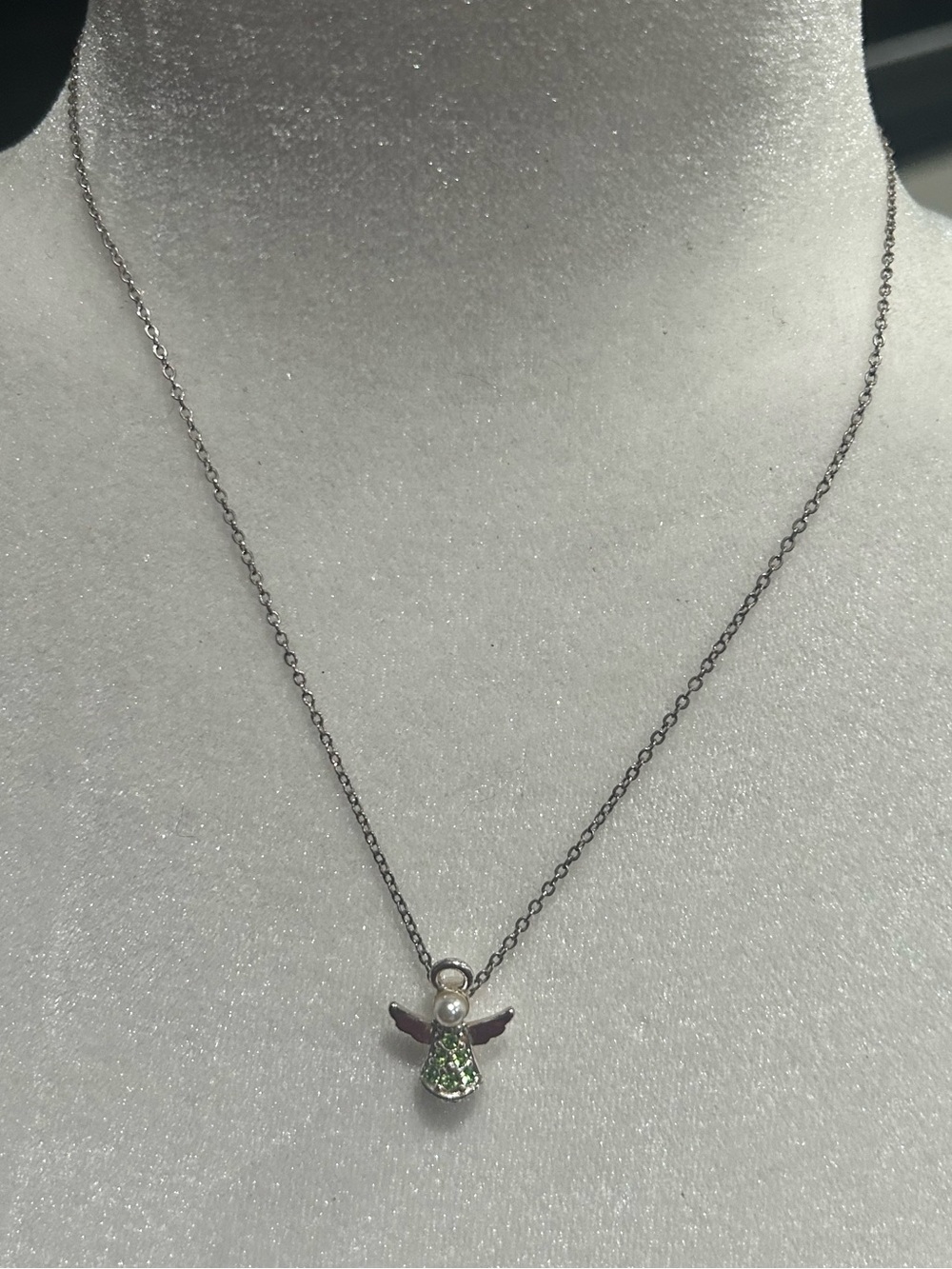 Silver Angel Pendant Necklace with Green Crystal chain delicate pearl stone